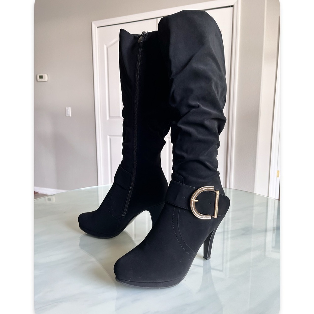 Dream Pairs Paris Black Heeled Boots with Rhinestone Buckle 8.5M